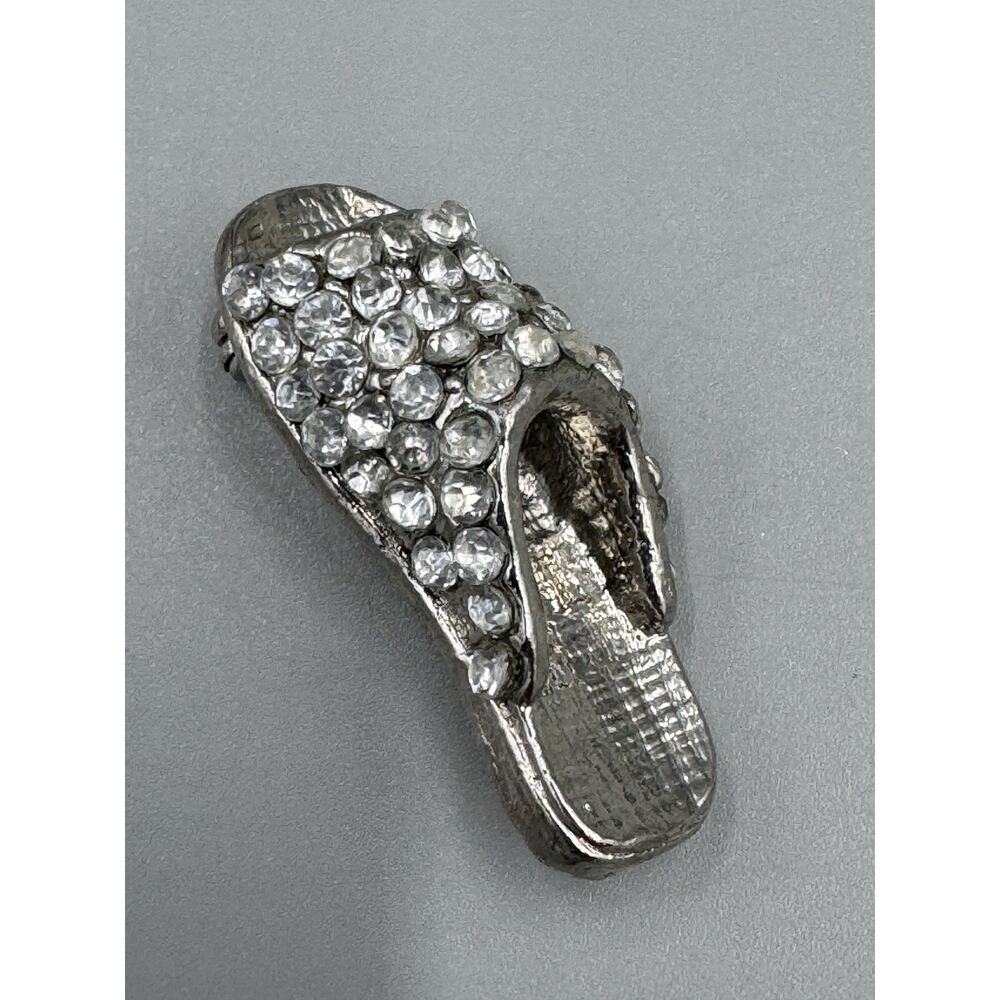 Vintage Silver Colored Clear Rhinestone Slip On Slipper Shoe Shaped Lapel Pin